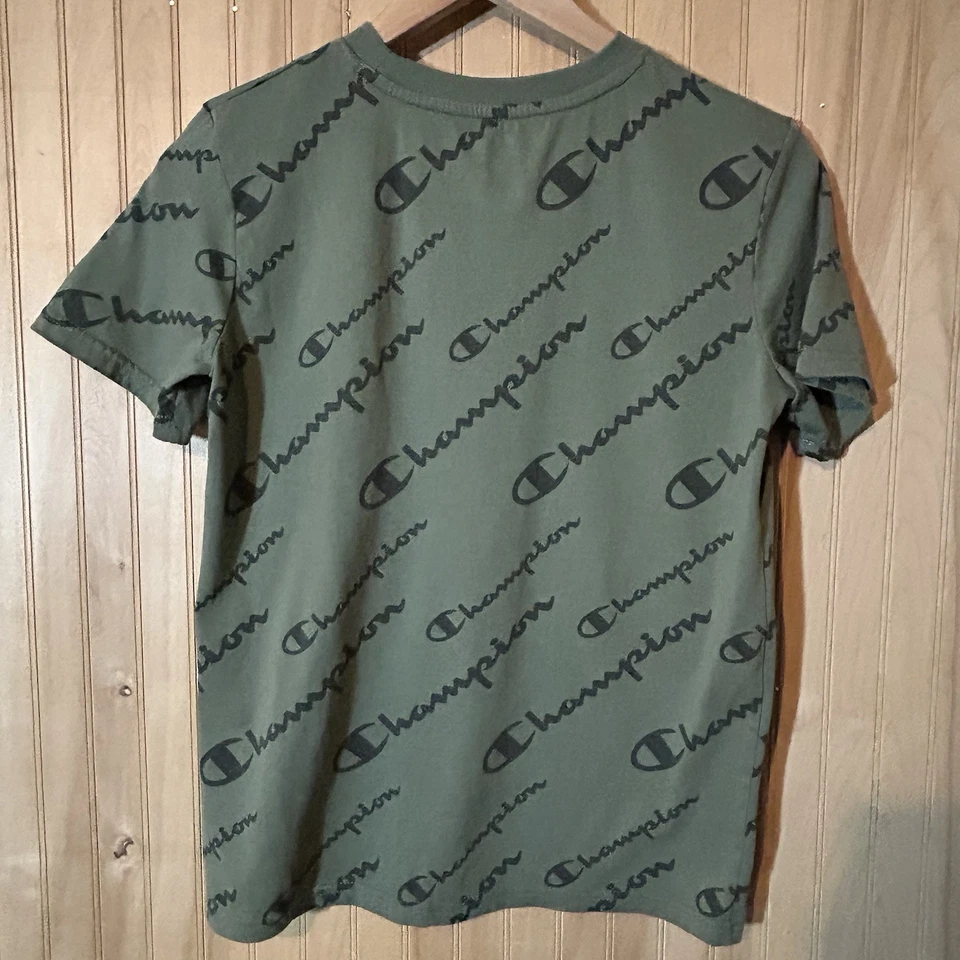 Camisa Champion Jóvenes Niños XL Azul Estampado Completo Logo Deletrear Manga Corta Foto 2 de 4