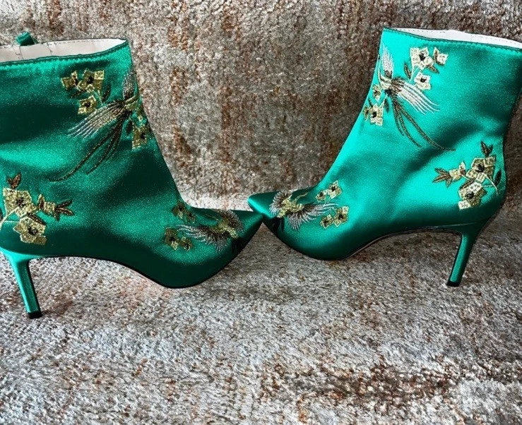 Botines Zara verde satinado floral tacón de pájaro punta puntiaguda - talla 6 - UE 36 Foto 2 de 4