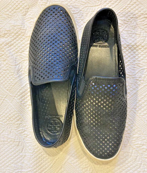TORY BURCH Women's Black Perforated Leather, Slip On Sneaker: Size 8