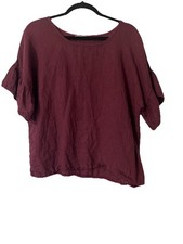 ELENA BALDI Italy Women  s Sz M Linen Pullover Ruffle Sleeve Blouse Wine Red
