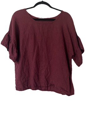 ELENA BALDI  Italy Women s Sz M Linen Pullover  Ruffle Sleeve Blouse Wine Red