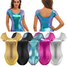 Women's Shiny Metallic Leotard One-Piece Short Sleeves Bodysuit Dancewear