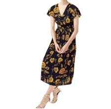 J Crew Floral Printed Pleated Midi Wrap Dress Navy Blue Yellow 4 Women’s Casual