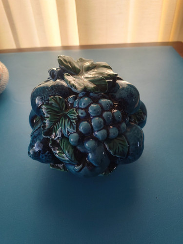 VINTAGE INARCO INDIGO BLUE FRUIT COOKIE JAR CANISTER POTTERY CANDY DISH E 2375 - Picture 3 of 4