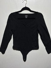 New Victorias Secret PINK Soft Cotton Long Sleeve Bodysuit Shirt Top Black L