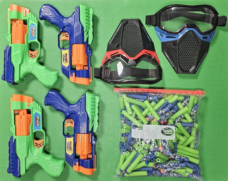 (4) Dart Zone Blitzfire Guns, (2) Nerf Face Masks, And Bag Of Darts