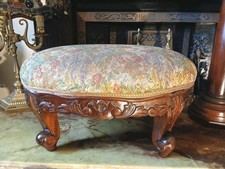 Large Vintage  Deep Carved  Wood Upholstered Stool Footstool Tapestry Ball Feet 
