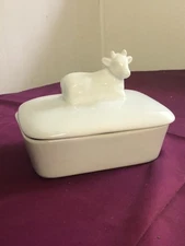 Vintage Cow Block Butter Cheese Dish White Glazed Farm House Country Decor