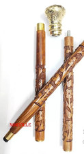 Vintage Fancy Hand Carved Walking Stick Wooden Cane Victorian Brass Handle Gift