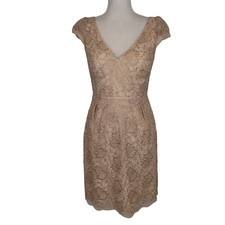 Jenny Yoo Collection Lace Sheath Dress beige metallic gold Ivory 6 v neck flora