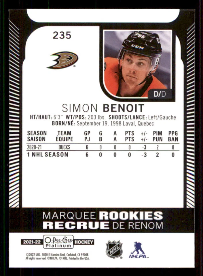 2021-22 O-Pee-Chee Platinum #235 Simon Benoit RC - Image 2 of 2