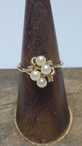 Vintage 14K Gelbgold Ring mit 4 Perlen & 3 Diamanten Größe 7