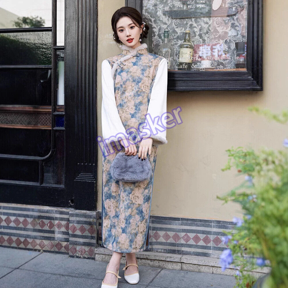 OFF WHITE Abito donna invernale stile cinese Qipao stand colletto medio lungo spacco laterale Cheongsam