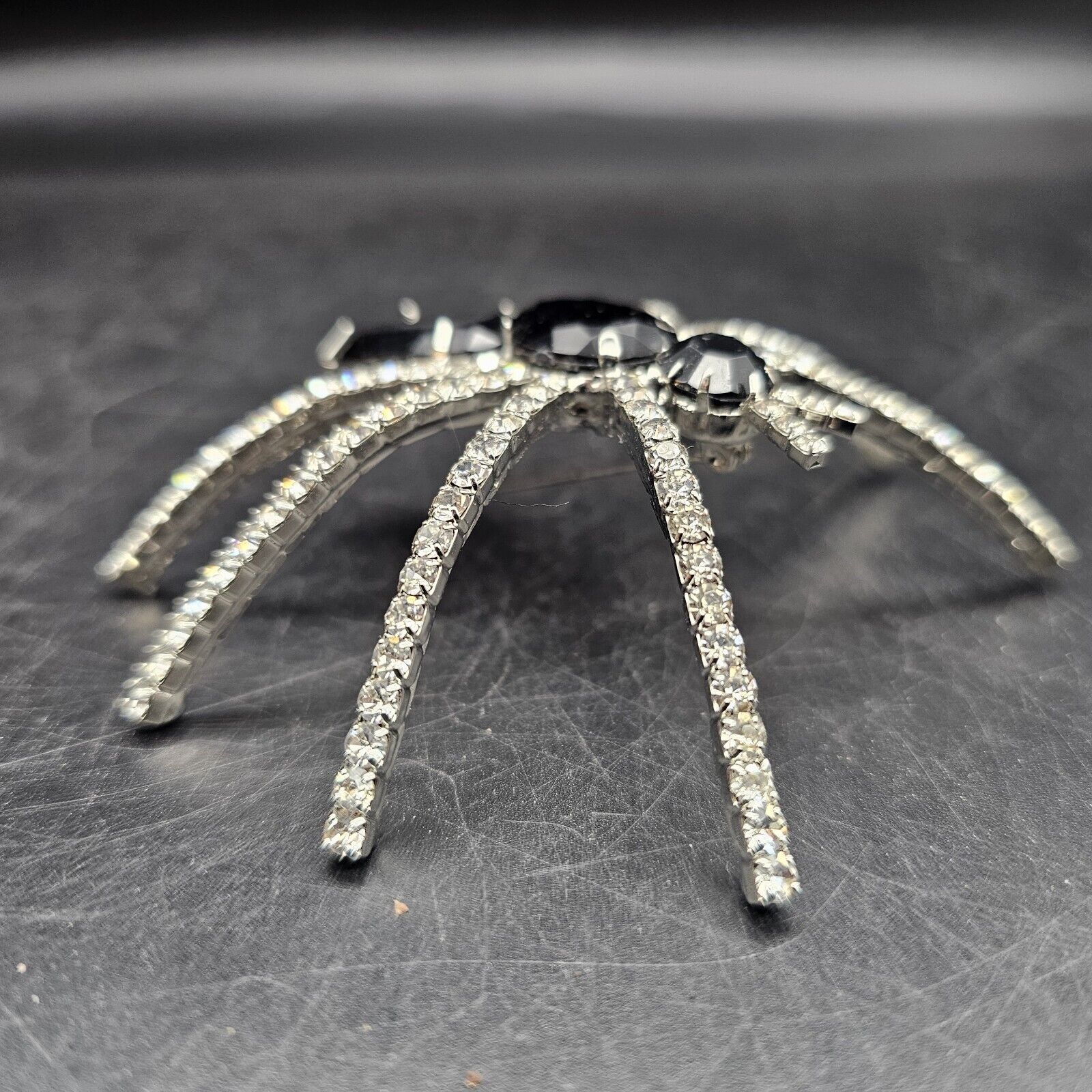 Vintage Spider Pin Brooch Black White Stones 3.5" - image 7