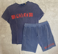 Polo Ralph Lauren Spell Out Logo Faded Navy Blue Shirt and Sweat Shorts Size M