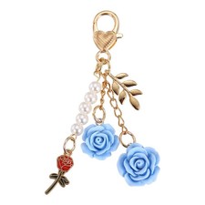 Flower Charm Keychain, Blue Rose Pendant Keychains Tassel Pearl Chain Keyring