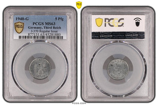 PCGS MS63 5 Pfennig 1940 G SWASTIKA Germany Third Reich J 370 Coin WW2 Two Highe