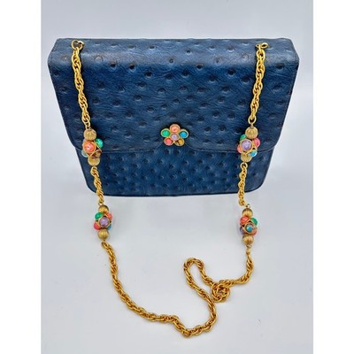 Juliart Lou-Ran Vintage Jeweled Ostrich Embossed Leather Shoulder Clutch Handbag