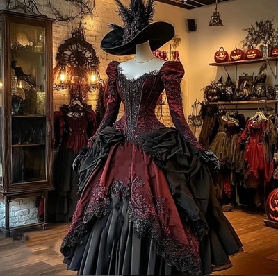 Burgundy Black Gothic Victorian Lace Corset Ball Gown Vampire Halloween Costume