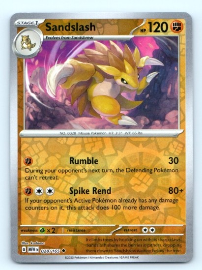 Sandslash 028/165 ~ Uncommon Reverse Holo English Near Mint