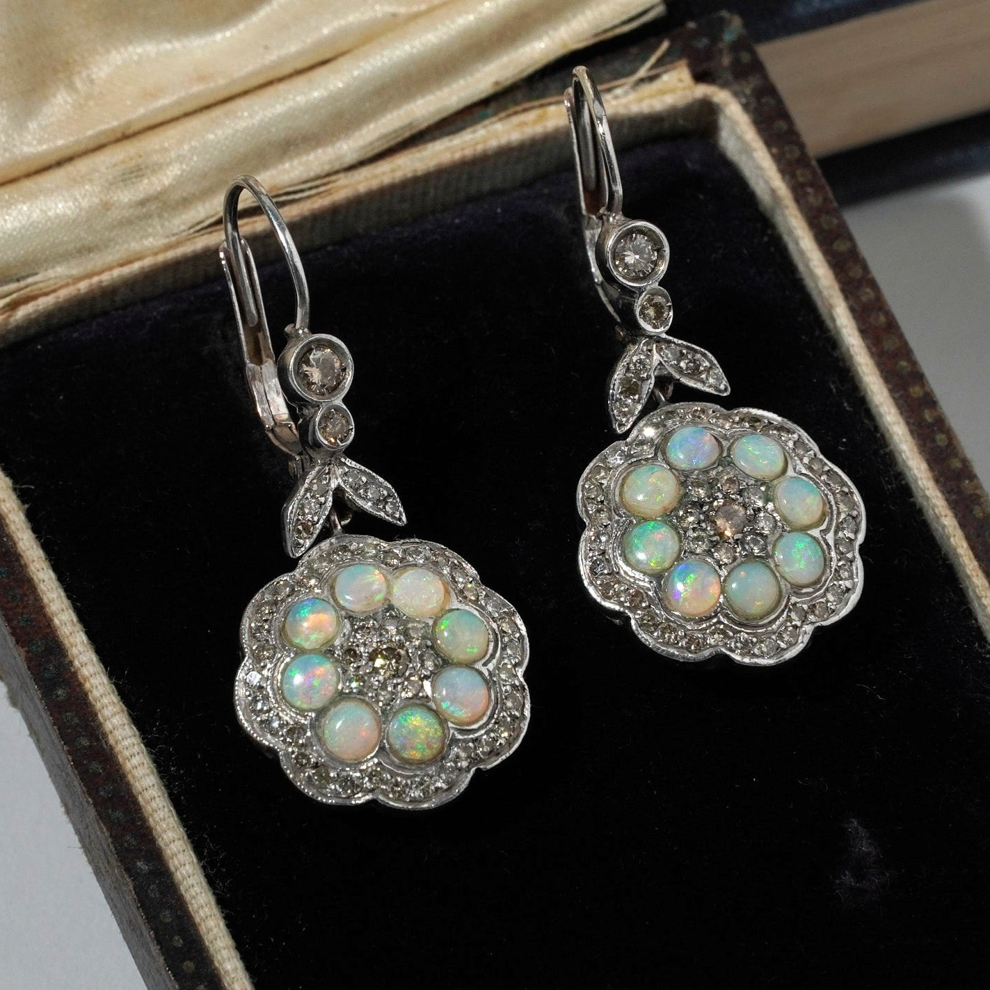 Vintage Solid Opal Diamond Flower Drop Earrings 9… - image 1
