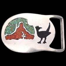 Roadrunner Mountain Sunset Western 1970s Vintage Belt Buckle