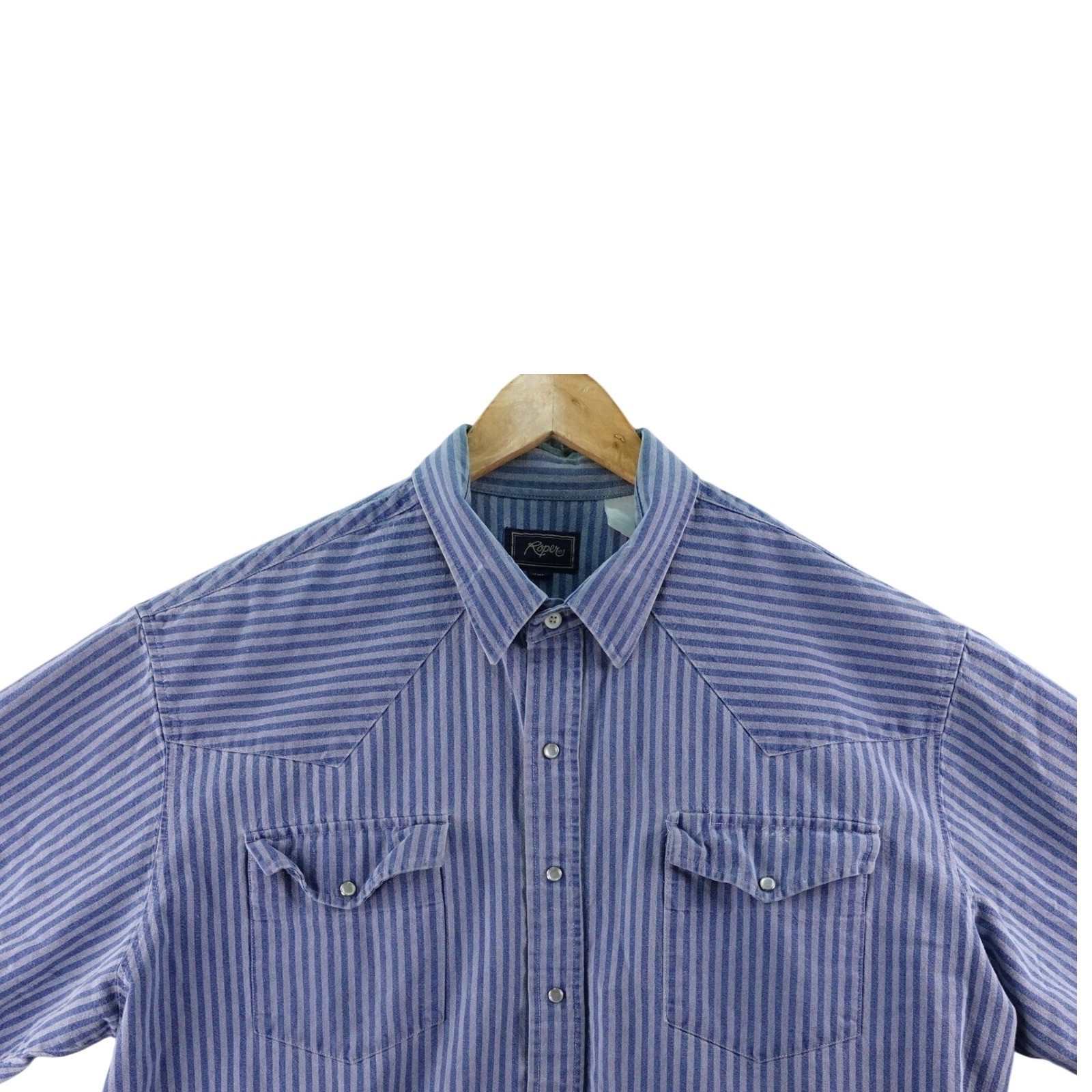 Roper Mens Denim Blue Striped Short Sleeve Pearl Snap Western Shirt XXL Rodeo