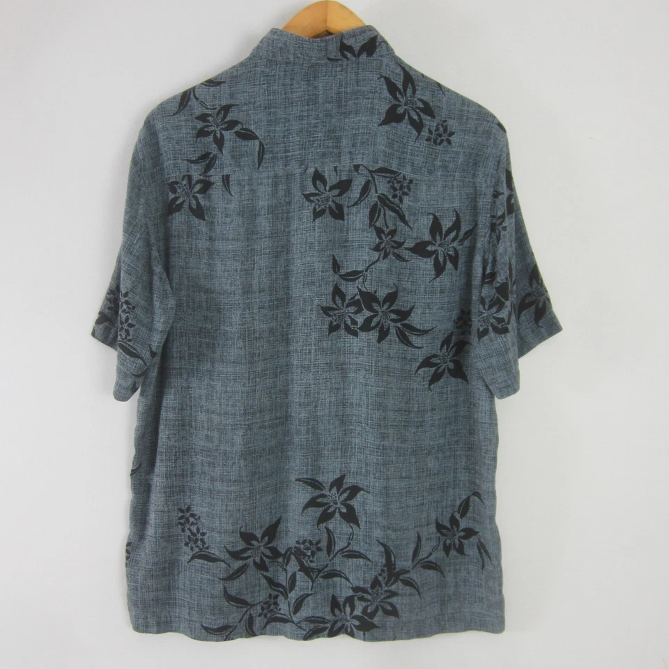 Axcess Men Medium 100% Silk Steel Blue Black Floral  Hawaiian SS Button Up Shirt - Image 2 of 4