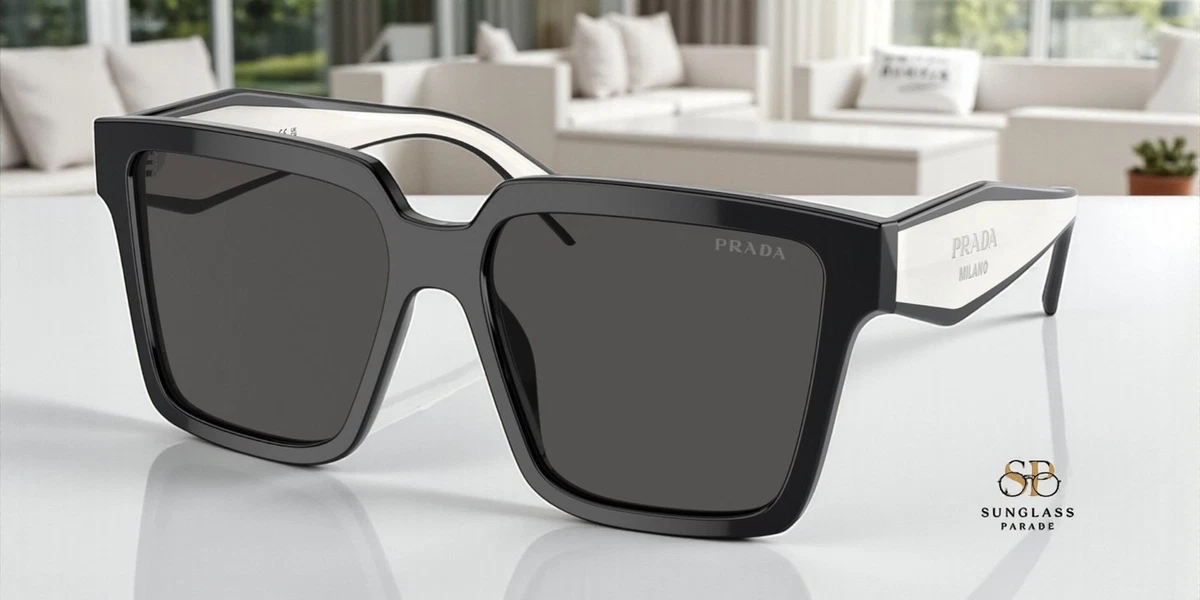 NEW PRADA Sunglasses Black White Talc Gold Symbole Logo Womens Rectangle Prada PR 17WS Symbole 1AB5S0 Rectangle Shiny Black  main image 2