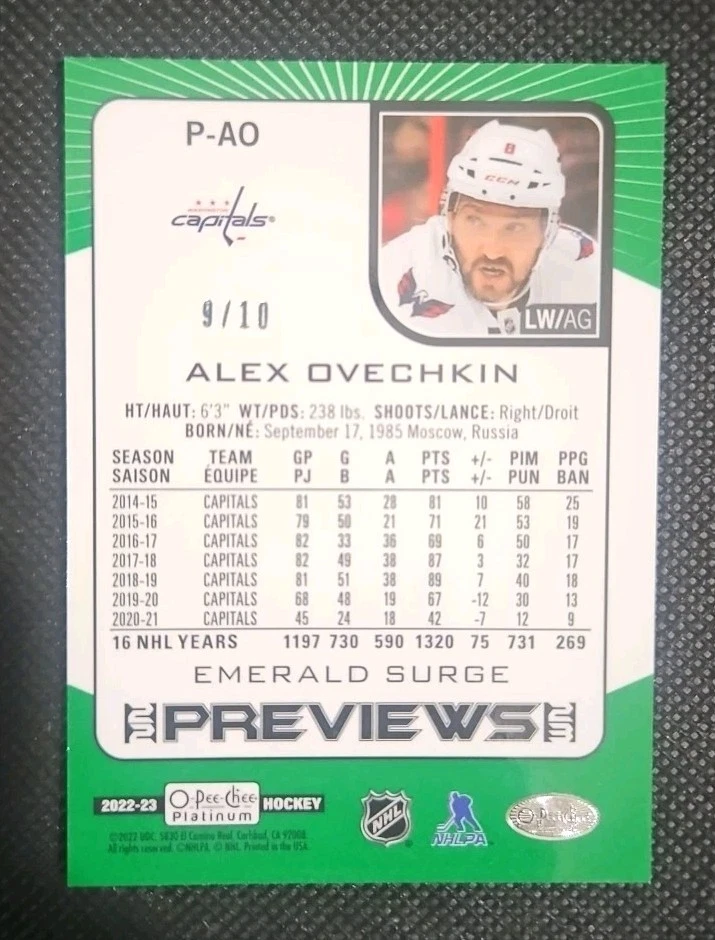 2022-23 Upper Deck O Pee Chee Plat Alexander Ovechkin Emerald Surge Preview /10 - Image 2 of 4