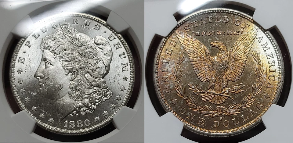 Dólar de plata Morgan 1880 S $1 NGC MS 64 ¡Hermoso tono dorado!