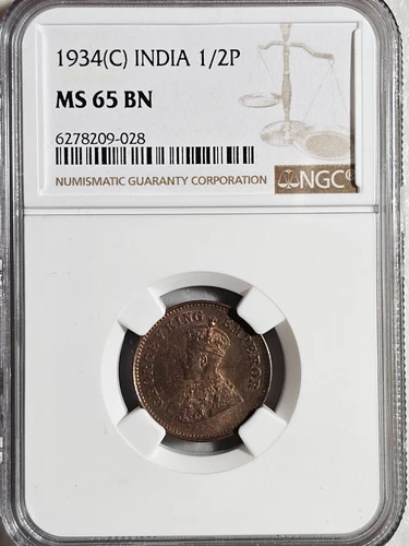 India 1/2 Pice 1934C NGC MS 65 BN