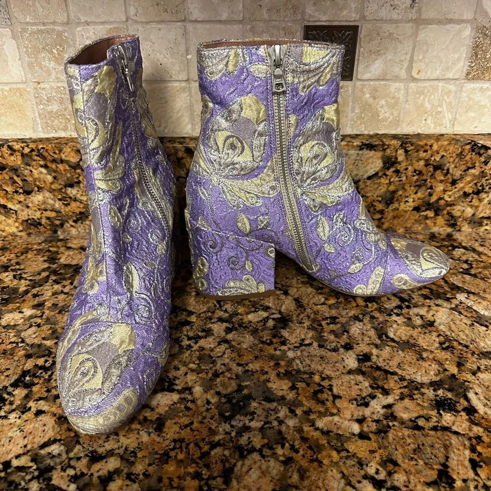 DRIES VAN NOTEN фиолетовый цветочный парчи блок каблука лодыжки загрузки sz 36 1/2 США 6 новый - Изображение 4 из 4