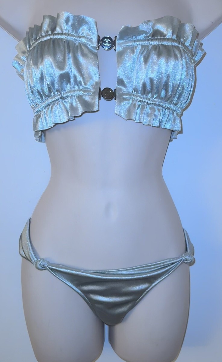 2 Ps Chanel Coco Ruffle Metallic shiny Grey Logo Swimwear Sz 38 | eBay