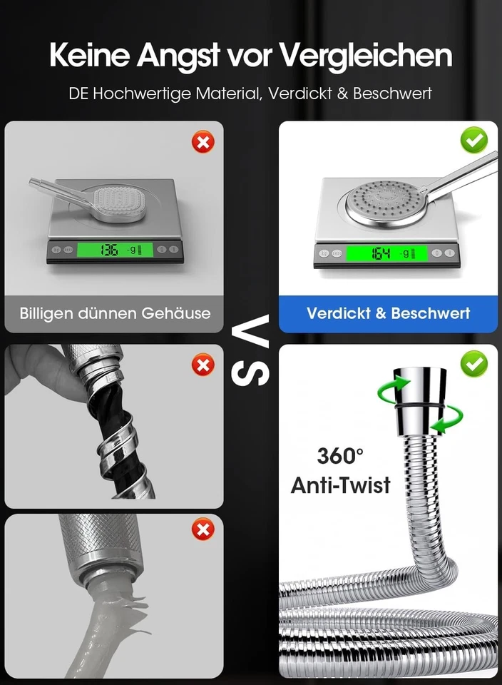 Duschkopf Duschbrause Brause mit Schlauch Wassersparend Silber B484 - Bild 4 von 4
