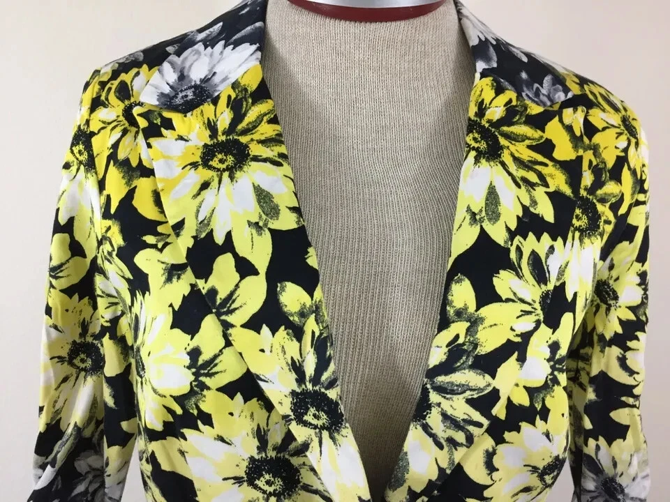 Blazer New Directions talla S pequeño forrado amarillo negro floral fruncido manga 3/4 Foto 2 de 4