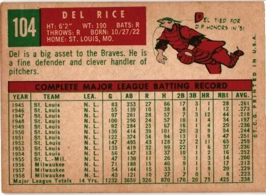 1959 Topps # 104 - DEL RICE - MILWAUKEE BRAVES | eBay