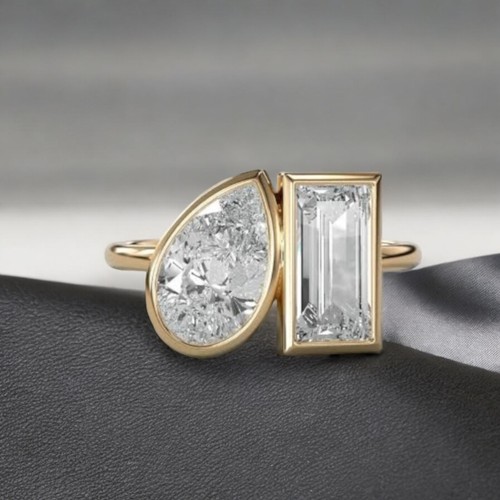 GIA Certified 2 Carats F/VS1 Pear Emerald Shape Diamonds Bezel Set Ring 18K Gold - Picture 5 of 5