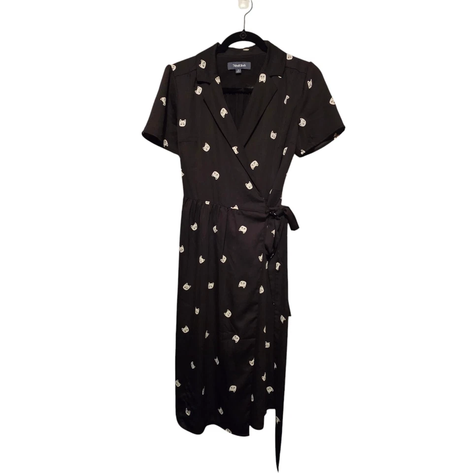 Modcloth Womens Black Wrap Dress SM Cat Print Goth Y2K Retro 90s Kitty Kidcore  - Image 2 of 4