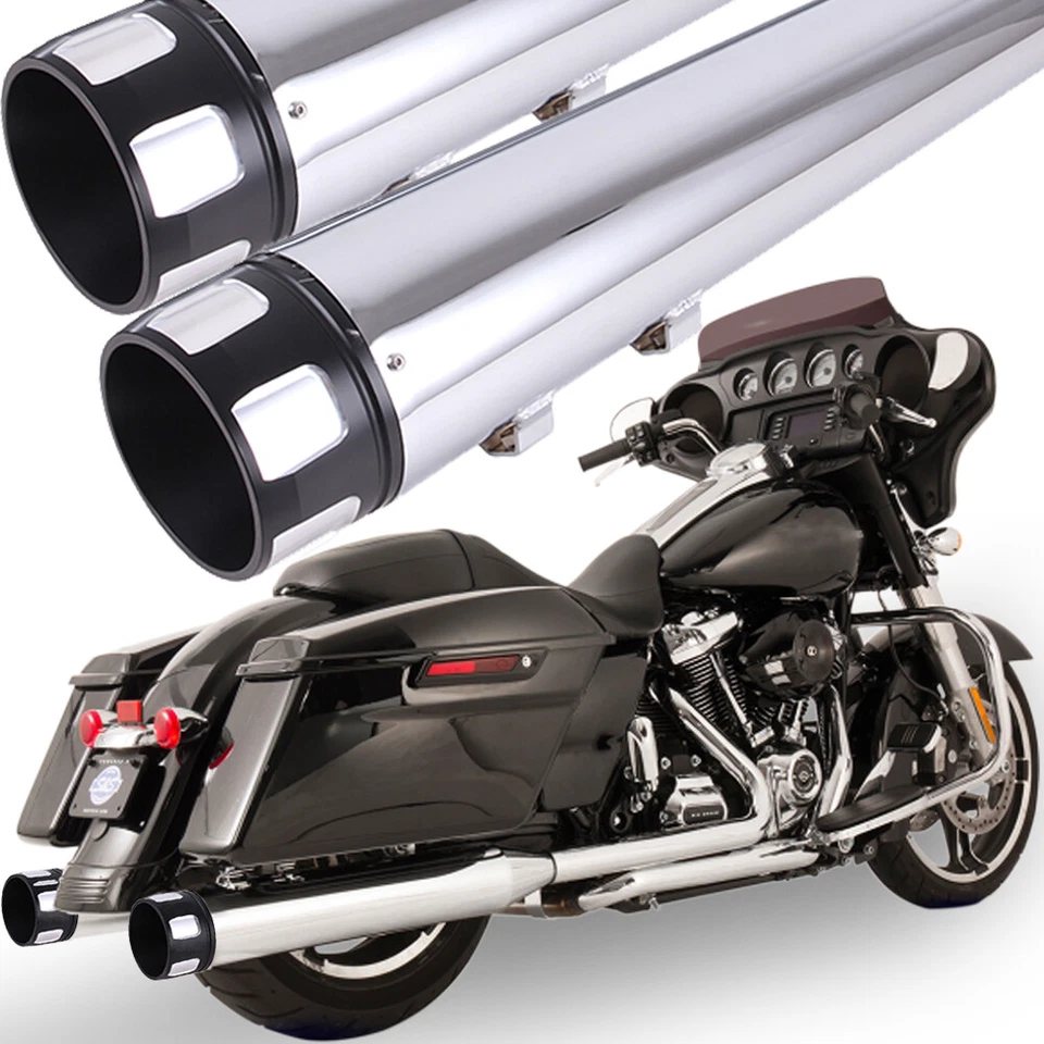 Chrome 4" Exhaust Pipes Slip Ons for Harley Touring 95-16 Road King Street Glide - Image 2 of 4