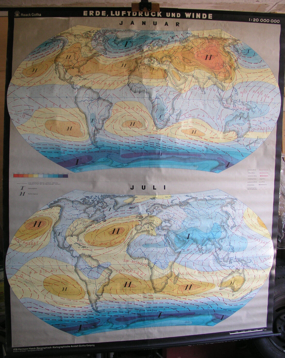 Schulwandkarte Beautiful Old World Map Earth Air Pressure Winch 182x216 1965