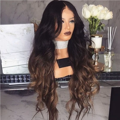MARKENLOS NEU Damen Black Braun Ombre Wellig Lange Perücken Vollkopf Kunsthaar Perücke