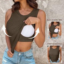 Women Ribbed Knit Padded Vest 2 in 1 Built in Bra With Shelf Tank Stretchy Tops