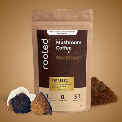 ORGANIC ROOTED INSTANT ARABICA MUSHROOM COFFEE Brand New 100 GM Free Shipping
