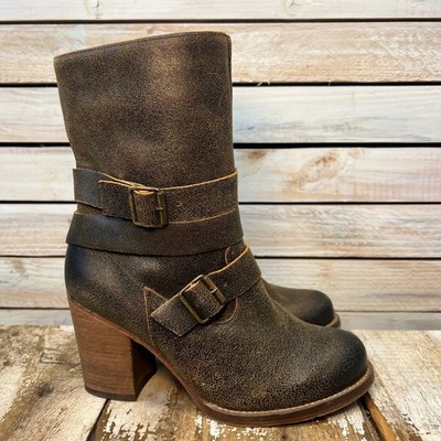 Charles David Brown Distressed Leather Moto Harness Boots Block Heel Size 7.5