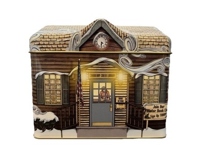 Vintage Metal Tin Cranberry Creek Library Biscuit Cookie Candy Tin Winter Scene