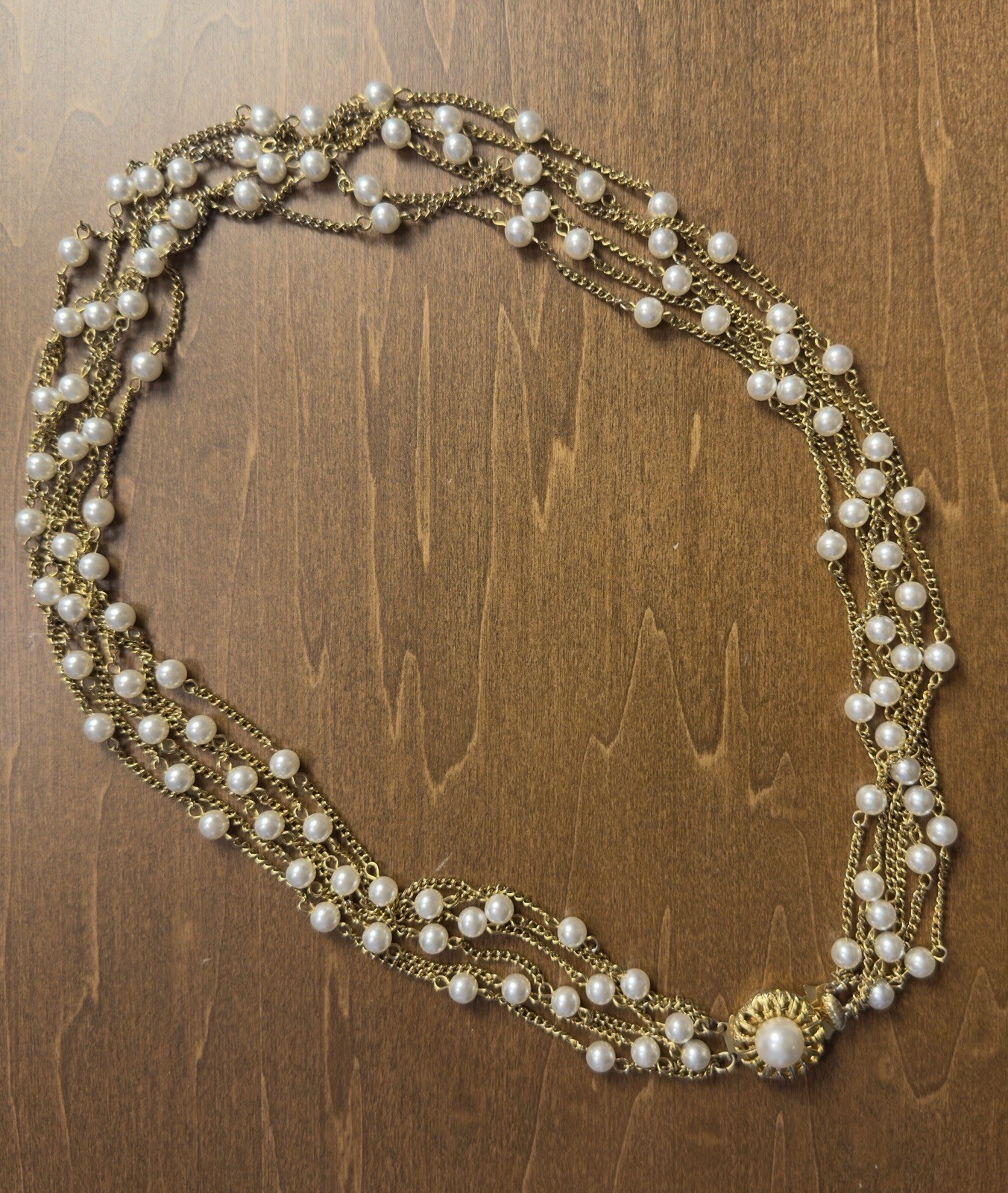 Vintage Multi Strand Faux Pearl Chain Necklace Gold Tone Statement Piece