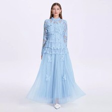 Completo Azzurro Donna Elegante In Pizzo Jacquard Gonna Lunga Sfilata CF57757