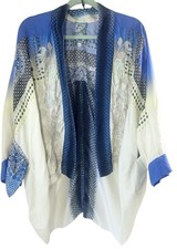 Johnny Was Eluna Silk Kimono L Beige Blue Lightweight Boho High Low Flawed