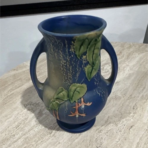 8”  Roseville Art Pottery Blue Floral Double Handle Ceramic Vase Matte 898-8